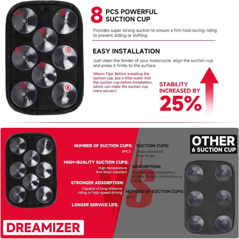 DREAMIZER Universal Black Motorcycle Solo Passenger Seat Rear Cushion 8 Suction Cups Compatible with Harley Davidson Sportster XL 883 1200 Forty Eight Dyna Chopper Bobber Custom (Black-Vintage) - Image 4